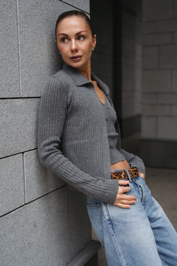 Cashmere жакет-кардиган с воротником поло фактурной вязки  - Серый